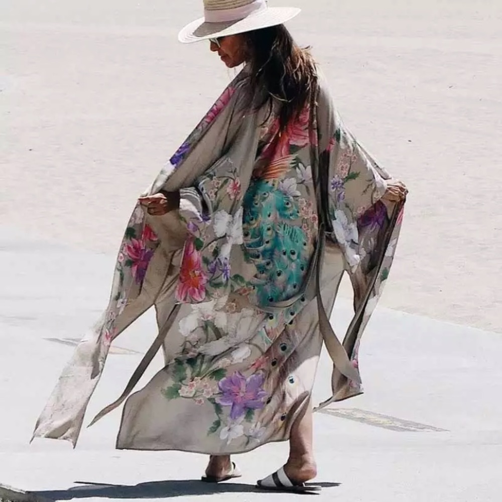 SOLD OUT Gypsy Bohemian Tan Floral Peacock Open Kimono Robe - Picture 2 of 12